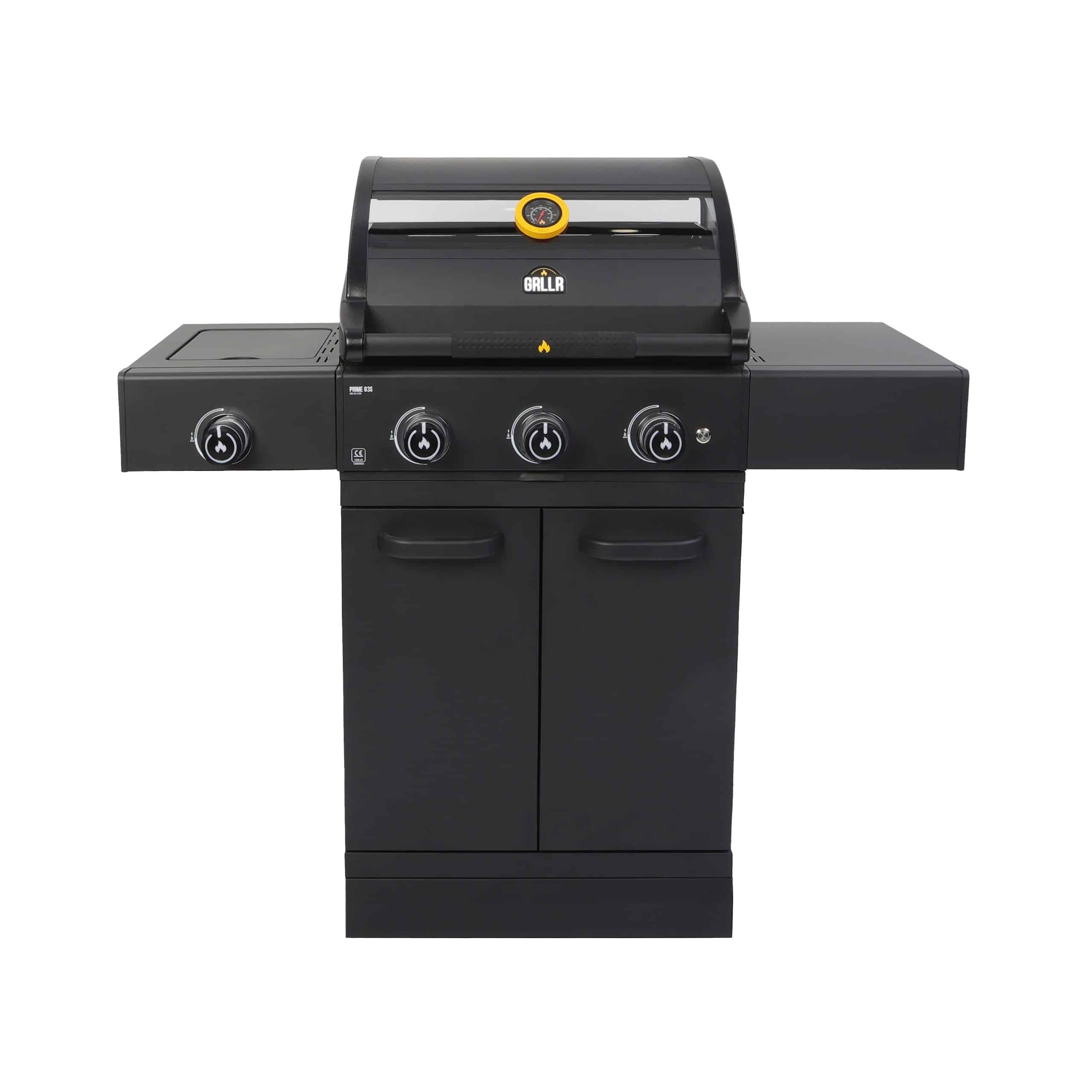 GRLLR Prime G3S 3 égős gázgrill oldalsó égővel, zárt állapotban, stúdió háttérrel